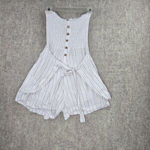 Striped Sleeveless Smocked Bodice Romper With Button Details & Tie-Waist Design